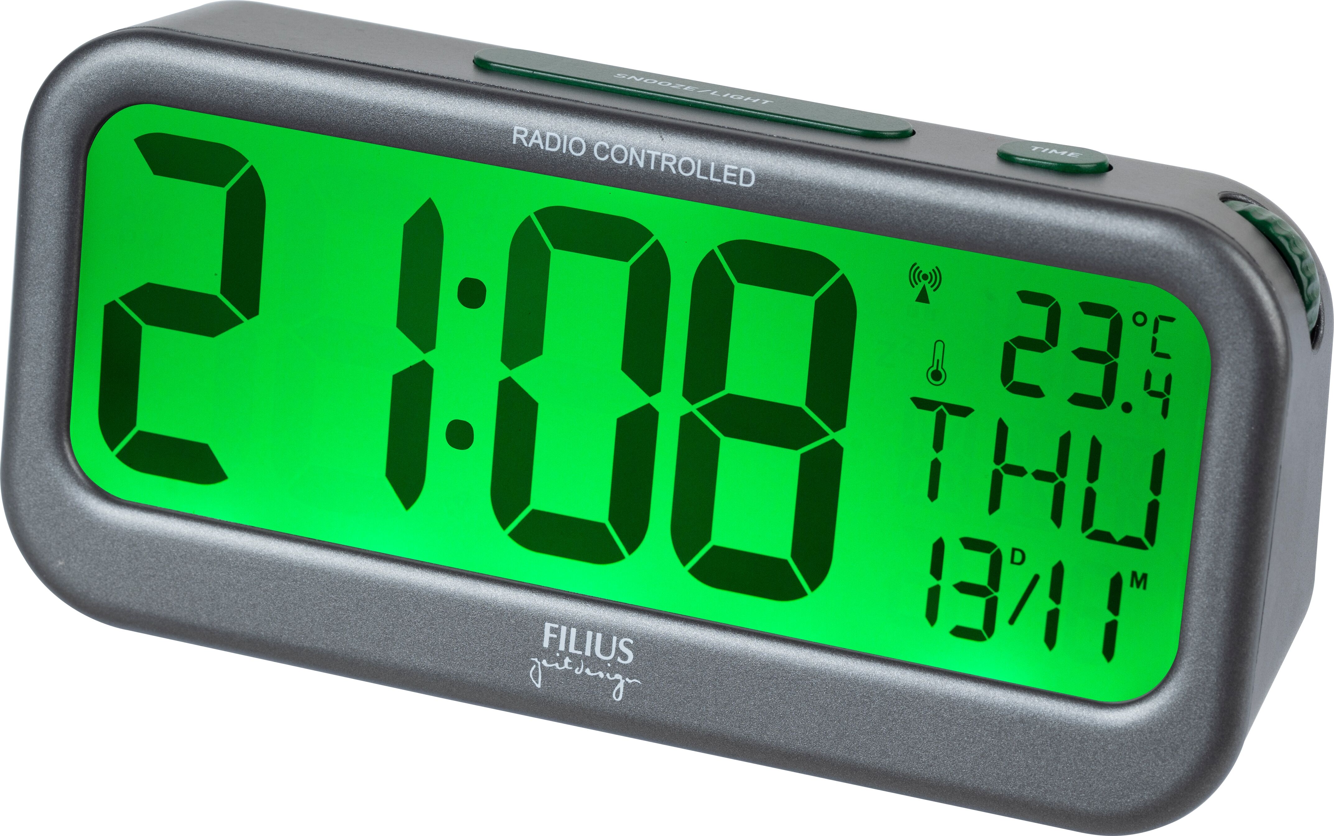 Funkwecker FILIUS ZEITDESIGN, grün (dunkeltitanfarben), Wecker, Funkwecker, Wecker, Schlafzimmer, Anzeige Innentemperatur, Beleuchtung, Wochentag