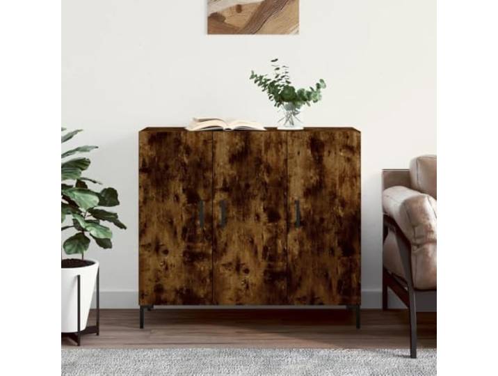HEFZGDB Sideboard aus Holzwerkstoff in Räuchereiche, modernes Sideboard mit Metallbeinen, mit praktischen Türen und viel Stauraum, stabile Oberplatte 90x34x80 cm