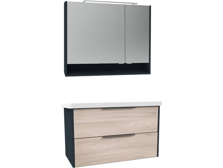 Badmöbel-Set WELLTIME Novara , grau (korpus anthrazit matt, front optik steinesche), zerlegt zur Selbstmontage, wandhängend, Kastenmöbel-Sets, Badmöbel-Set