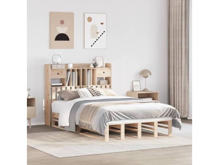 Kiefernholz Massivholzbett mit Bücherregal Lattenrost 135x190 cm Braun Massivholzbett mit Buecherregal ohne Matratze 135x190 cm Kiefernholz Lattenrost Stauraum Bettgestell Schlafzimmer