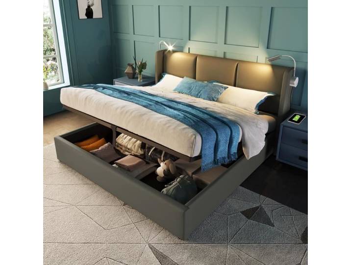 Lit coffre Lit capitonné lit de rangement tiroirs cadre de lit de rangement lit jeune en PU 160x200 cm Gris foncé