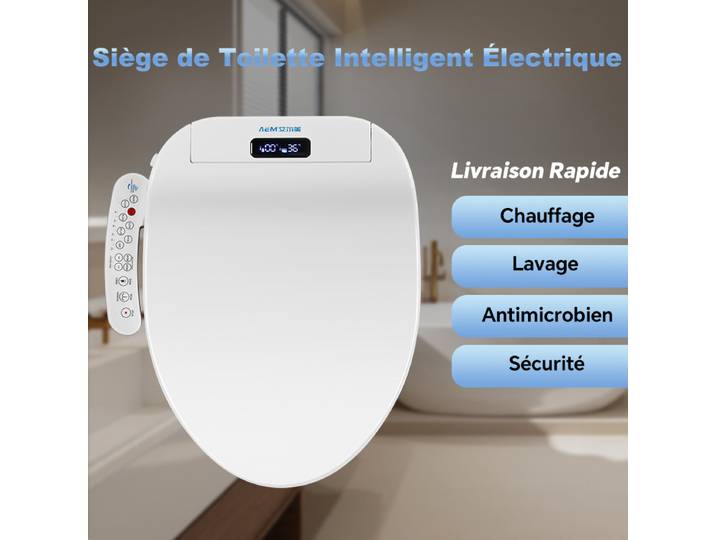 Siège de toilette intelligent bidet pour salle de bains : Siège chauffant, fermeture douce anti-bruit, séchoir réglable, lavage avant/arrière avec eau tiède instantanée, télécommande et lumière