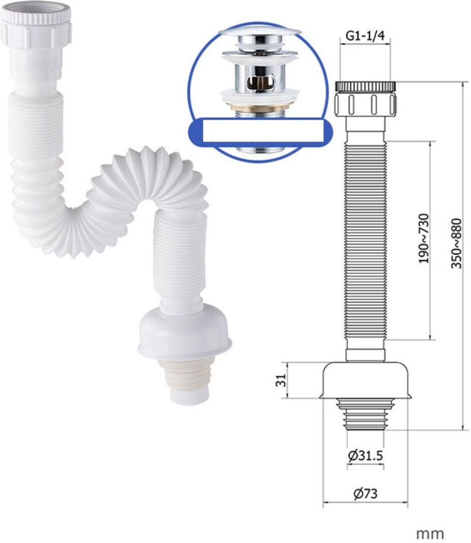 INF Tuyau d'évacuation vertical anti-odeur en PVC pour éviers à sortie unique – Vidange droite pour lavabo