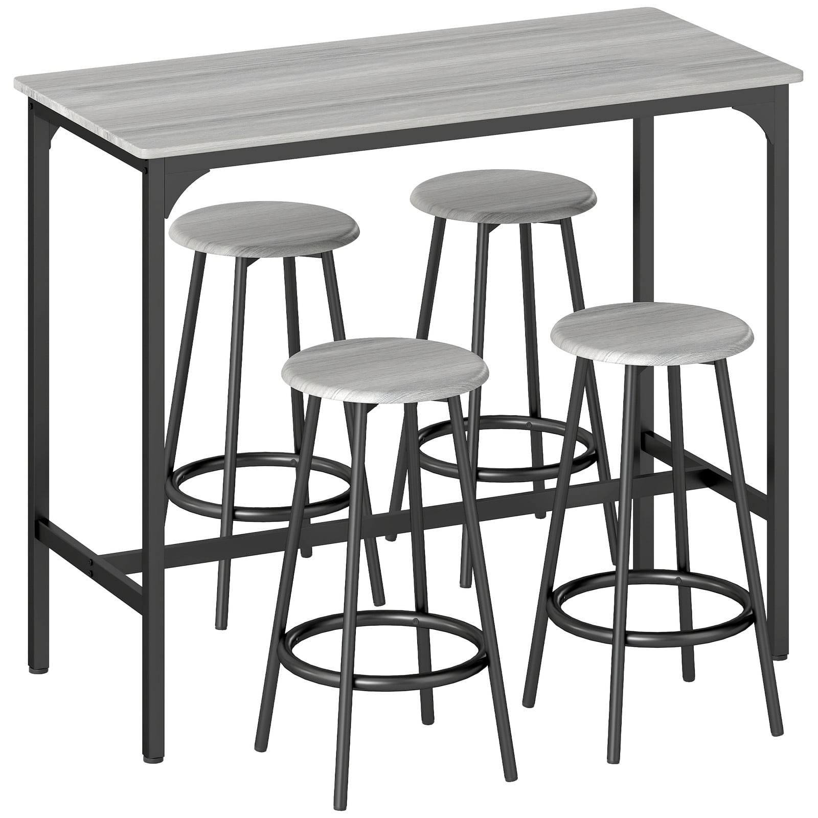 HOMCOM Bartafel Set 5-delig met 4 Barkrukken, Grijs, MDF en Metaal