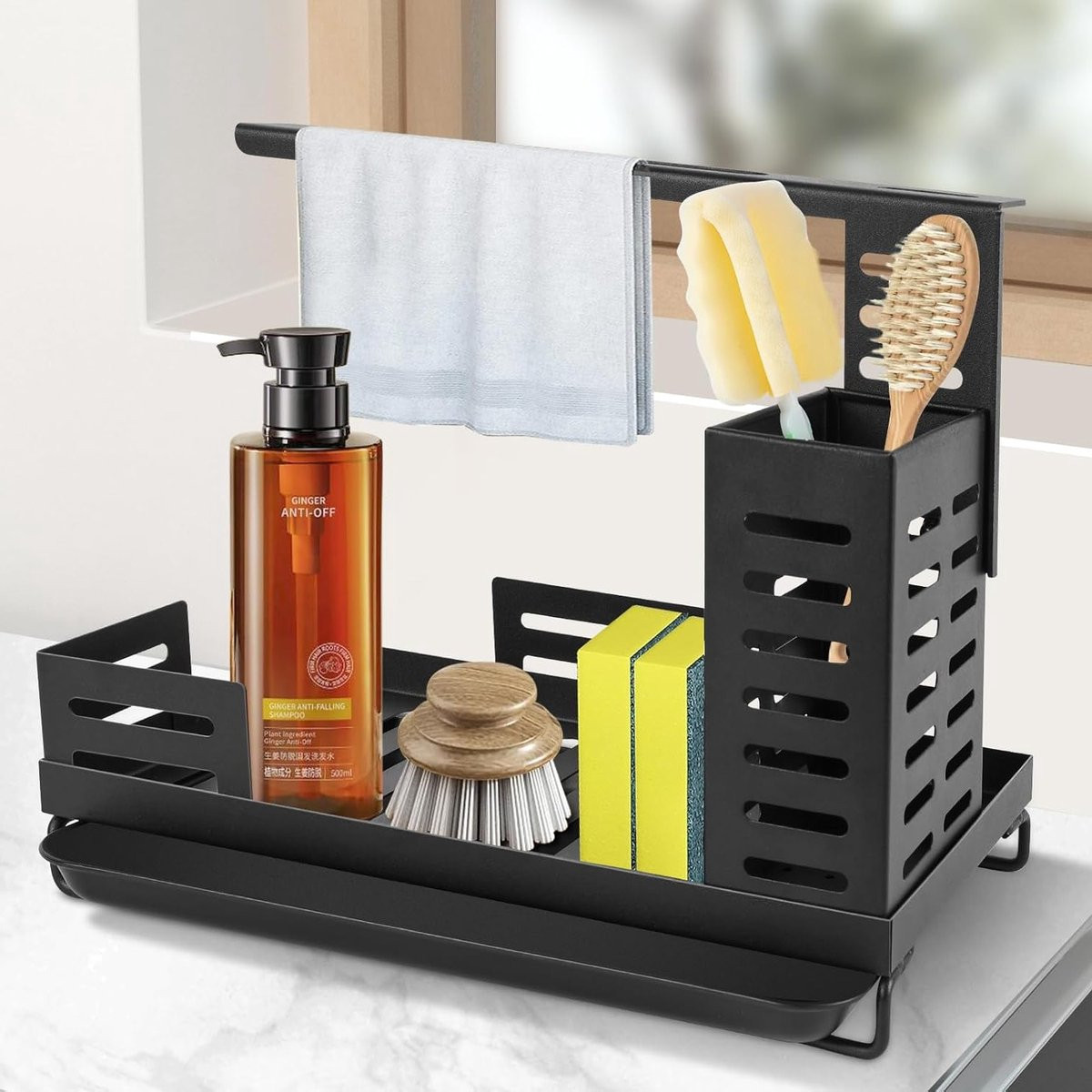 Multifunctionele Keuken Sink Caddy met Rvs Sponshouder en Afneembare Afvoerkom voor Keukengerei en Accessoires