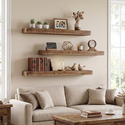 YUZHOU "Solid Wood Floating Wall Shelves Set of 3, Rustic 47.24"" Wall Mounted Display Shelf for Home Decor Storage"