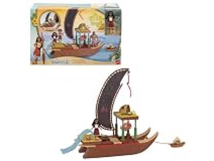 Mattel Disney Vaiana 2 Ensemble de Jeu Bateau Flottant et canoë d'aventure Poupée Vaiana articulée avec jupe amovible, figurine animal Heihei, 6 zones de jeu et 10 accessoires, JBT78