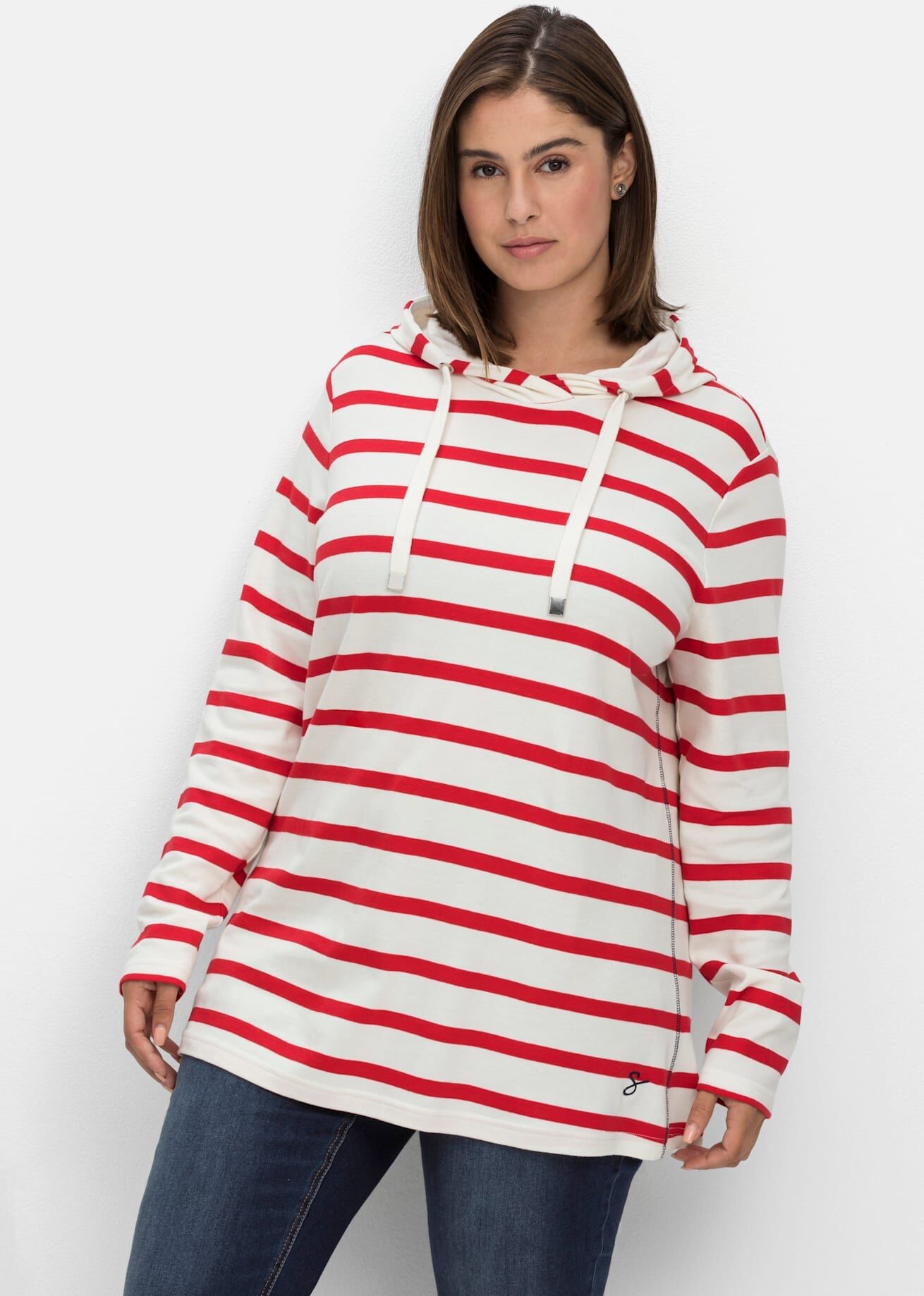 Langarmshirt SHEEGO "Langarmshirt", Damen, Gr. 40/42, weiss (sanftes weiß, gestreift), 100% Baumwolle, gemustert, gestreift, Shirts Langarmshirt sanftes weiß, gestreift 40/42