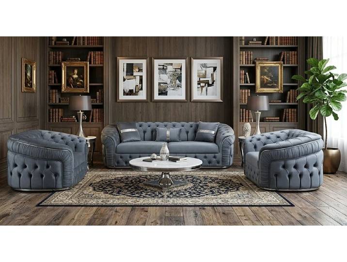 Xlmoebel Chesterfield-Sofa Elegante graue Chesterfield-Sitzgruppe mit 2 Sesseln und Sofa, 3 Teile, Made in Europa