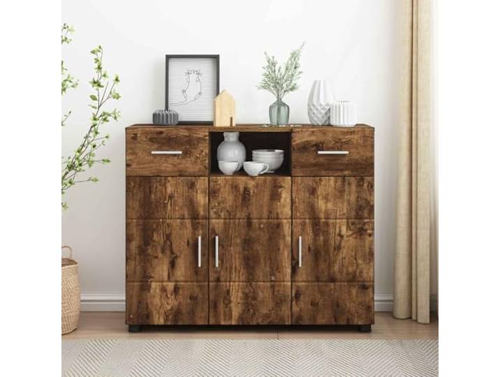 LPERTGFHU Sideboard Geräucherte Eiche, Kommode mit 2 Schubladen & 3 Türen 3 Regale, Robuster Holzwerkstoff, Matte Oberfläche, Für Wohnbereich