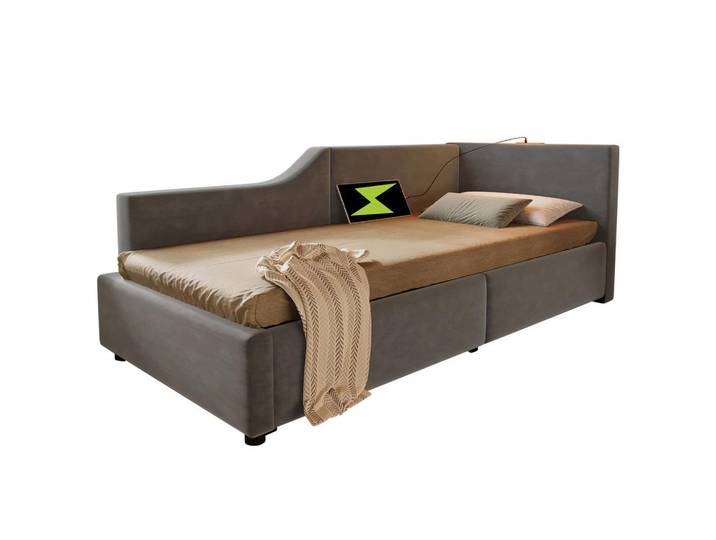 Flieks Tagesbett 90x190cm Schlafsofa hydraulisch Usb-C Leselicht Grau Samt, Holz, 90x190 cm, Schlafzimmer, Betten