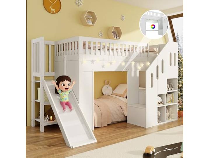 Merax Kinder Hochbett 90x200 cm, Etagenbett mit Rutsche, LED-Lichtleiste, Rausfallschutz und Stauraumtreppe, Massivholz & MDF, Weiß (ohne Matratze)