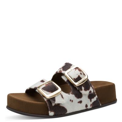 Pantolette MARCO TOZZI, Damen, Gr. 39, Textil, braun (weiß, braun), aufgeraut, Schuhe Pantolette, Sommerschuh, Trendschuh, Schlüpfschuh in angesagter Cow-Felloptik