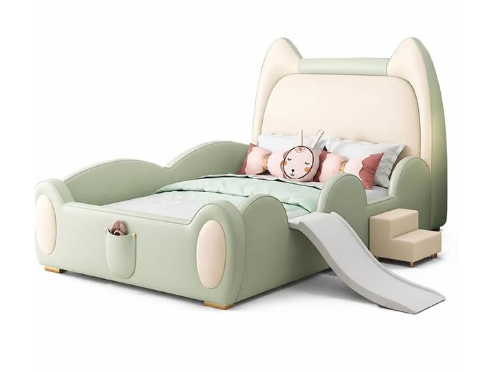Xlmoebel Kinderbett Grünes Kätzchen-Kinderbett mit Rutsche und Treppe für Mädchen, Made in Europa