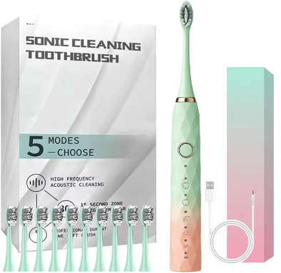 Inspire Curations Ultra Clean Rotary Electric Toothbrush Set Waterproof Rechargeable Brush With 10 Replacement Heads & Smart Timer green