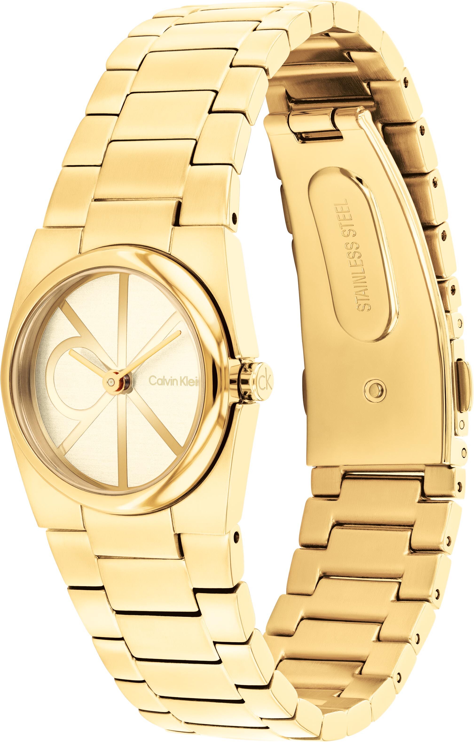 Quarzuhr CALVIN KLEIN "CK UNITE", gold (goldfarben, gelbgoldfarben), Armbanduhren, Damen, goldfarben, Quarzuhr, Armbanduhr, Damenuhr, Edelstahlarmband, analog