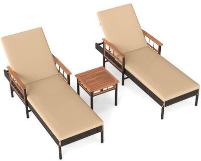 Costway Patio Rattan Chaise Lounge with 4-Level Adjustable Backrest-Beige