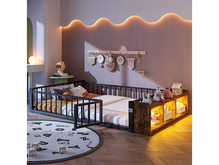 Lit plateforme 140x200 métal noir avec garde-corps rangement LED et sommier