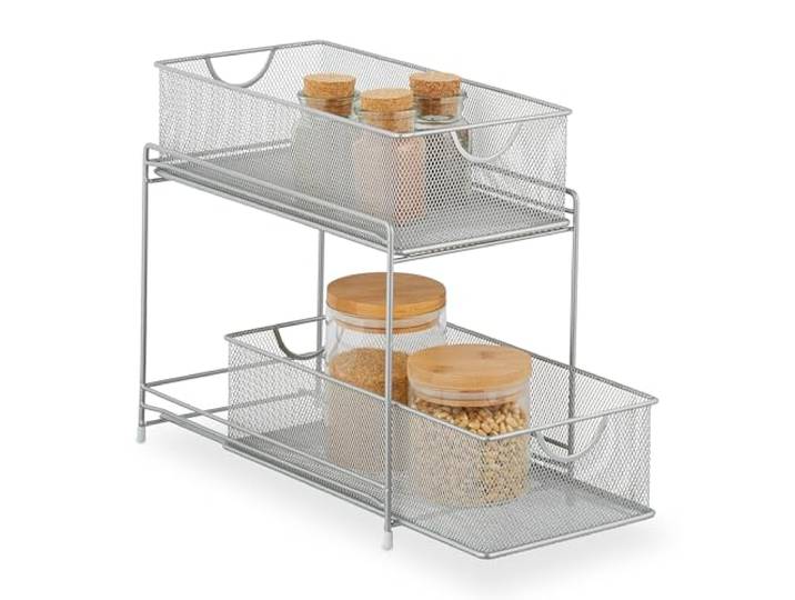 Relaxdays Organiseur pour placard de cuisine\, 2 corbeilles coulissantes\, en métal\, H x L x P: 32 x 19 x 35\,5 cm\, argenté