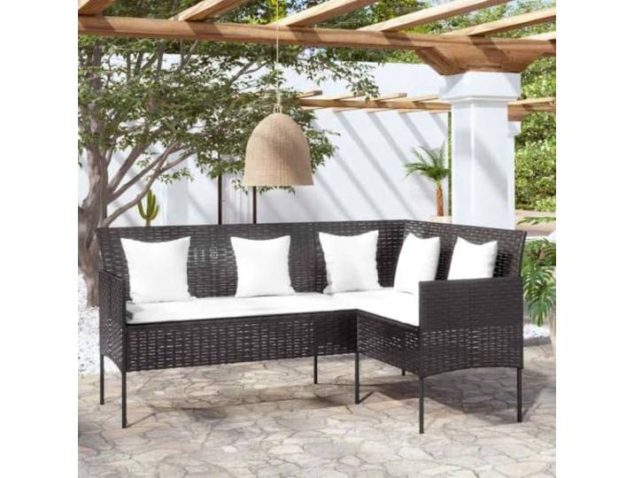 KTHLBRH Sofa in L-Form mit Kissen Poly Rattan Schwarz für Terrasse Stahlrahmen pulverbeschichtet, PE-Rattan witterungsbeständig, dick gepolsterte Kissen, leicht umstellbar, Reinigung einfach