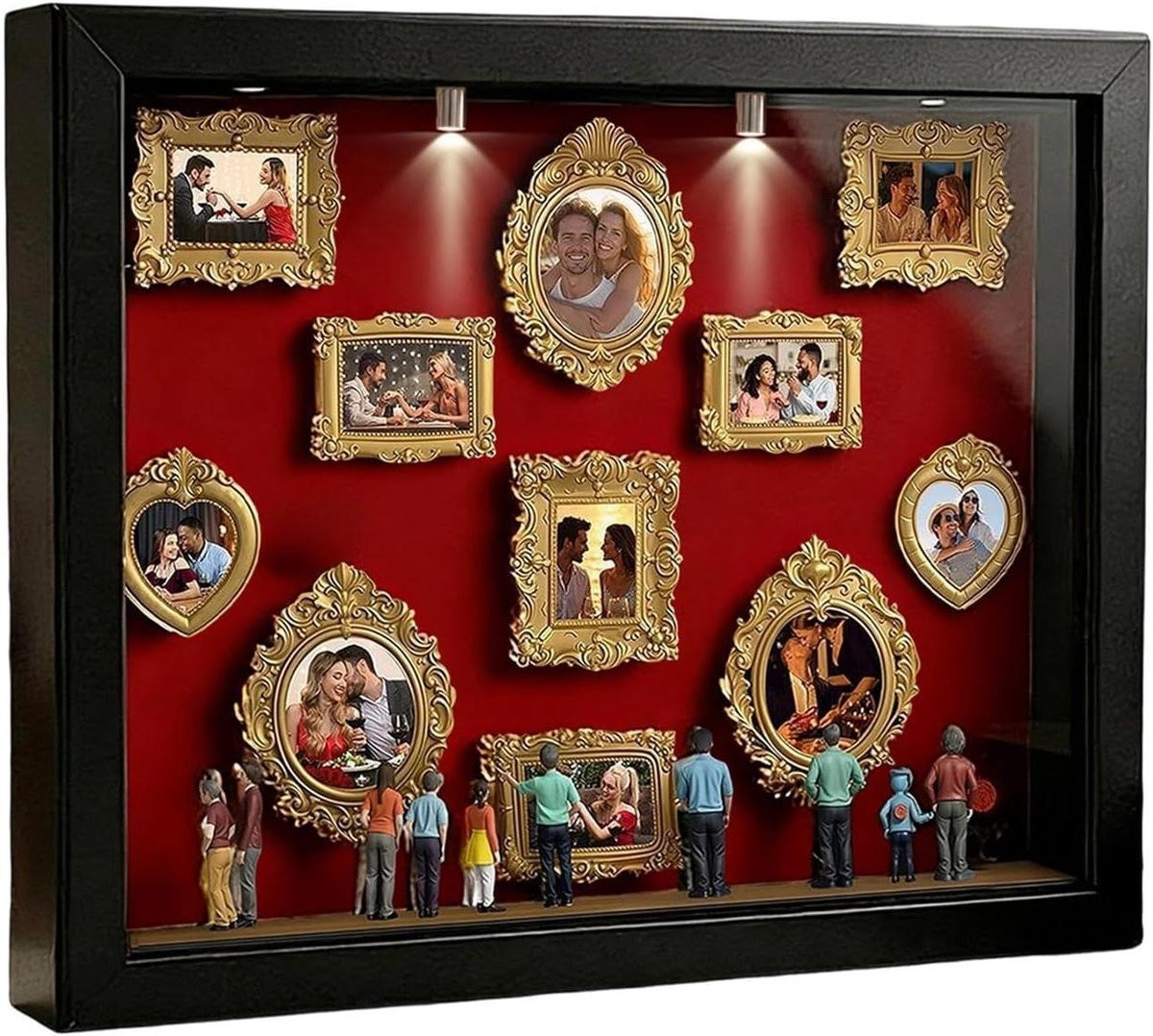 Mini Museum Fotolijst Silhouetbox Display met LED Verlichting voor 11 Mini Foto's - Zwart