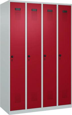 Kleiderspind C+P Evolo Plus, 4 Abteile, Anschlag rechts, Sicherheits-Drehriegel, B 1200 x T 500 x H 1850 mm, lichtgrau/rubinrot