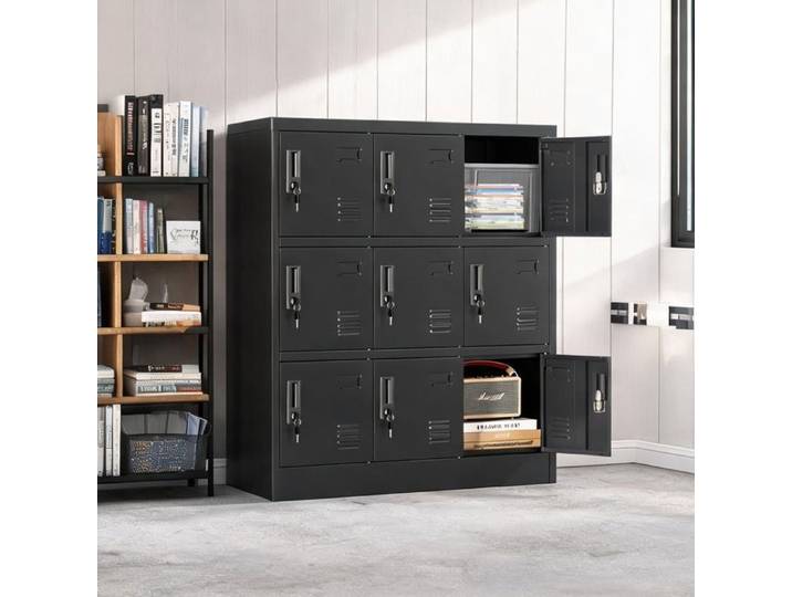 Armoire De Bureau - Rangement collectif 9 portes en acier deep black – Casier fonctionnel H 100 x L 90 x P 40 cm