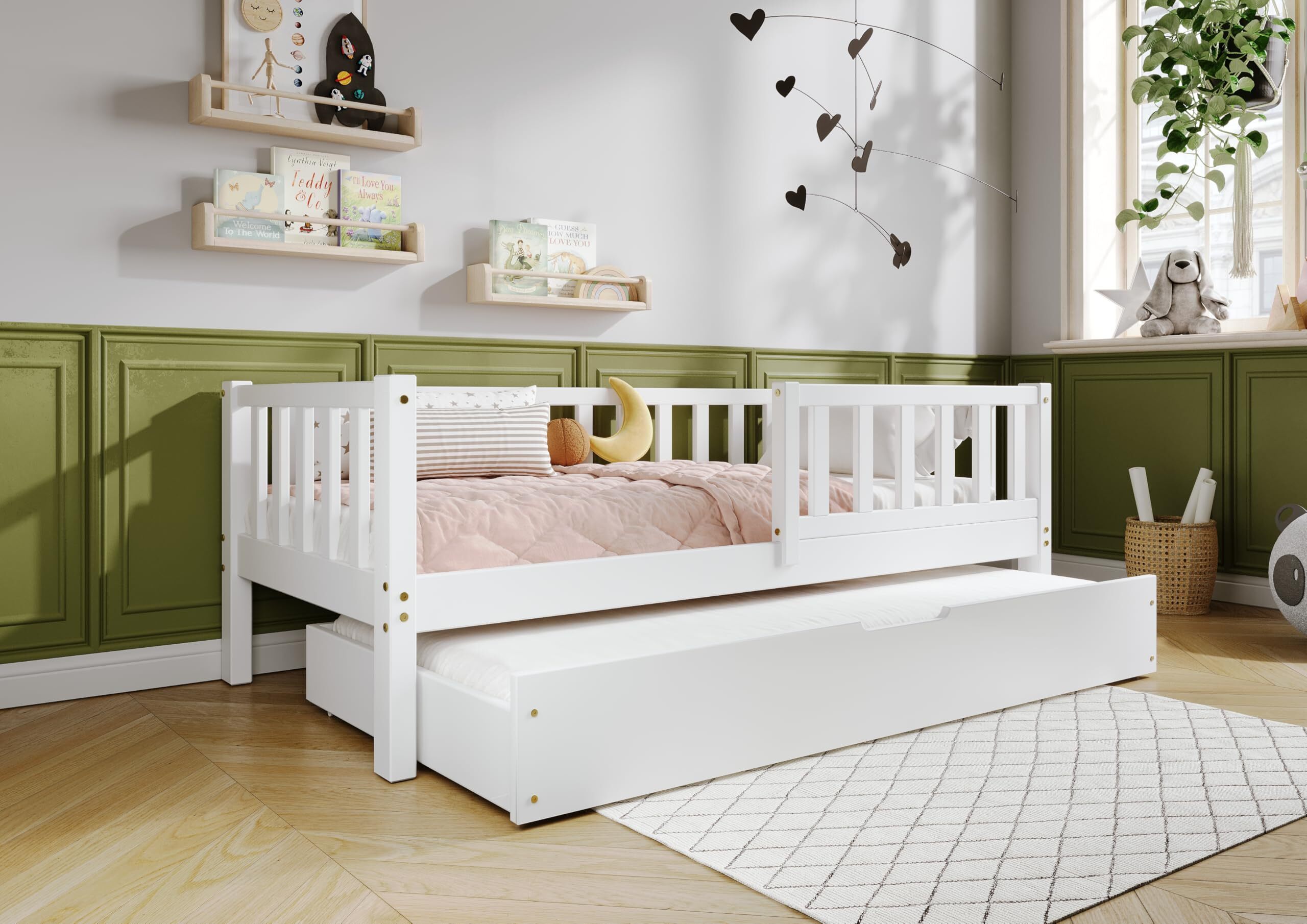 TIMBEE LENA Duo Doppelbett Kinderbett Holz Bett mit Schublade mit Schlaffunktion - Weiß - 90x200cm