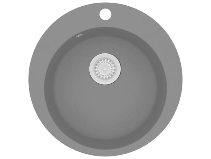 Xhnifbn Granitspüle Einzelbecken Rund Grau, 505x505 mm Einbauspüle Hitzebeständige Quarzkomposit Küchenspüle für Unterschränke ab 450 mm, mit tiefem Spülbecken und praktischem Siebkorb.