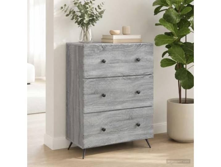 Schubladenschrank Holzwerkstoff Sonoma-Grau 66x34,5x90 cm mit Metallrahmen Schiebetueren, verstellbare Regale, pflegeleichte Oberflaeche, vielseitig nutzbar, modernes Design