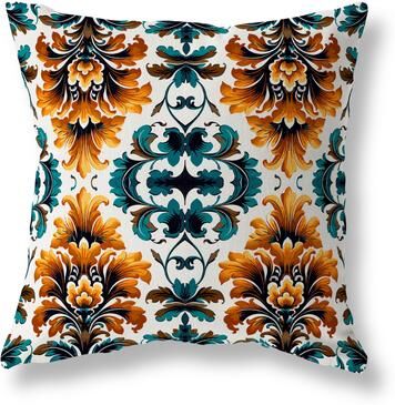 Amrita Sen Designs Turquoise And Orange Damask Rapture Faux Suede Throw Pillow Zipper