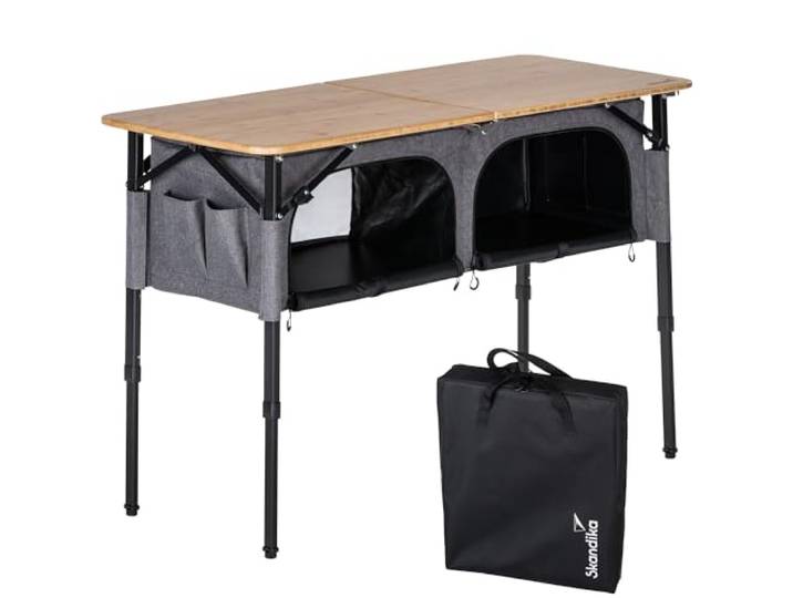 Skandika Campingtisch mit Schrank Tolja Outdoor Bambus Klapptisch mit Stauraum, höhenverstellbar, klappbar, Campingschrank mit Einlegeböden, Tragetasche Campingmöbel, Garten, Balkon