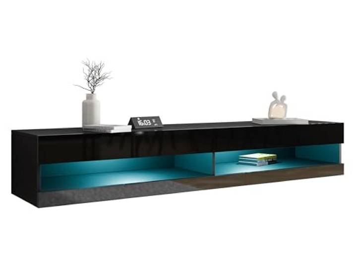 Mirjan24 TV Lowboard Vigo New 180 cm, TV Tische, TV Schrank, Fernsehschrank, Hängeschrank, Hochglanz (mit Blauer LED Beleuchtung, Schwarz/Schwarz Hochglanz)