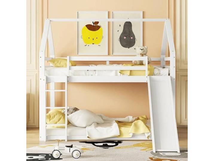 Lit superposé - KOMHTOM - Maison - 140x200 cm - toboggan & échelle - pin massif blanc