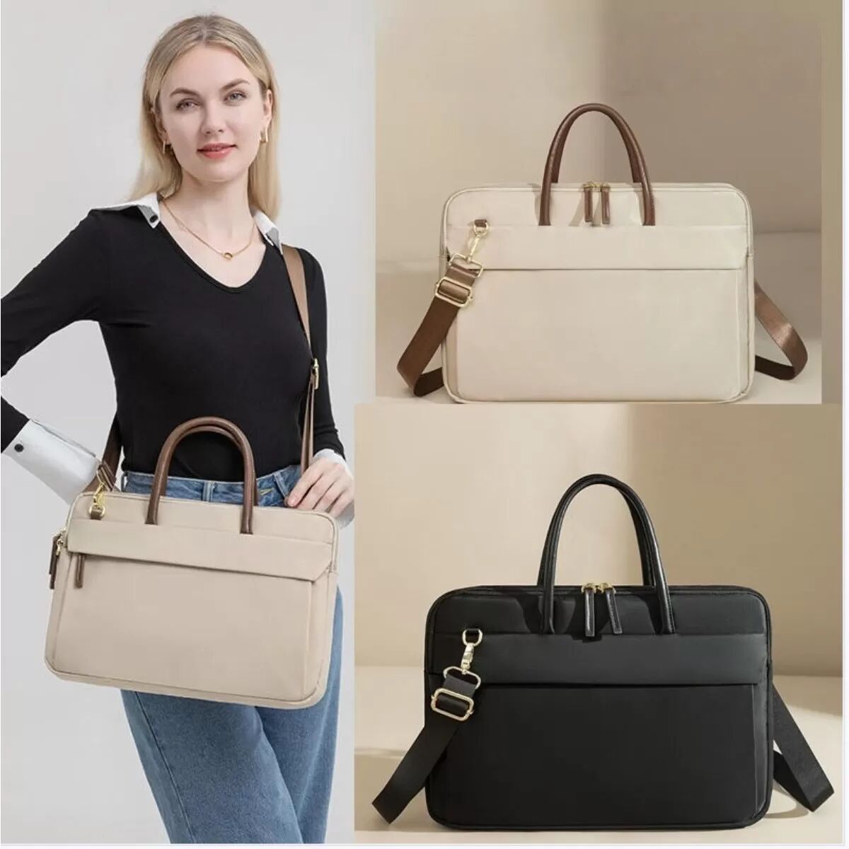 INF 16-Zoll Laptop-Tasche - Großes Fassungsvermögen Oxford Aktentasche Tote für Herren, Handgriff und Schultergurt, Beige