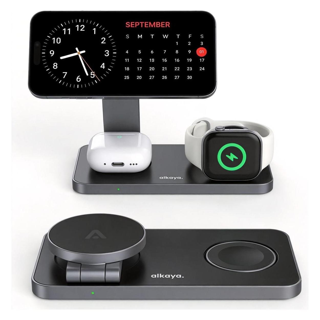 Alkaya Tripod Wireless Ladestation - 3 in 1 (Phone, Watch, Headset), Black (GT-80014)