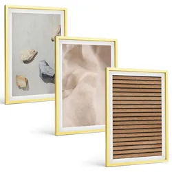 BILDER SET 3er Set - 40x60 cm Goldrahmen - Steine, Holz, Stofftexturen