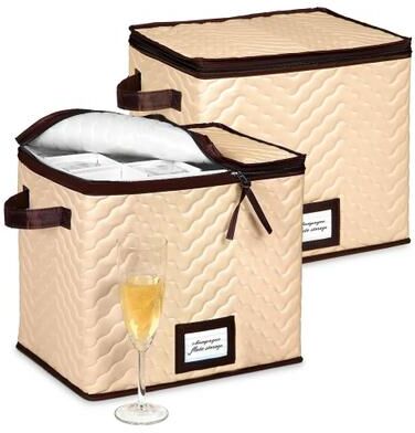 HOLDN’ STORAGE HOLDN' STORAGE Wine Glass Storage Box with Dividers, Stemware Storage Case, Durable Quilted Microfiber Bin with Carry Handles