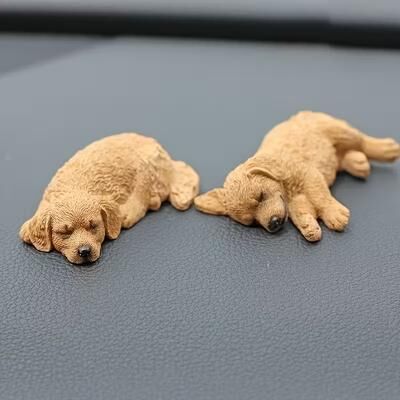 ModernMart Realistic Sleeping Dog Figurine Set Golden Retriever Labrador Decor For Car Dashboard Or Desk brown