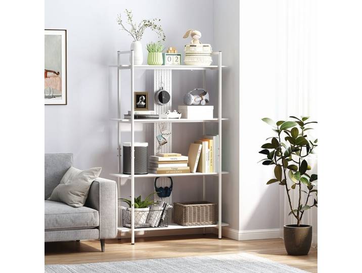 Bibliothèque étroite 4 niveaux blanche avec panneau perforé et cadre métallique pour chambre et bureau