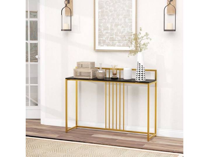 RELAX4LIFE Table Console avec Plateau Noir en Faux Marbre Console Meuble Entrée avec Cadre en Métal Kit Anti-Basculement