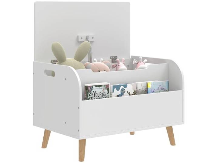 AIYAPLAY Coffre à jouet enfant avec couvercle rabattable 60x40x43cm Blanc Coffre de Rangement Enfant\, Compartiment Ouvert\, Charnière de Sécurité\, Rangement Jouet pour Filles Garçons de 3 à 8 ans