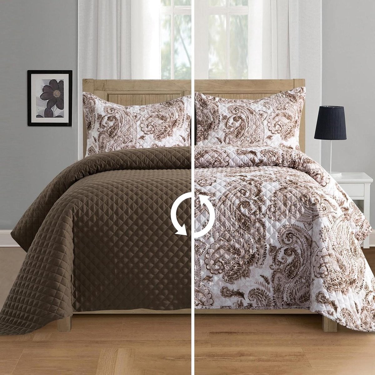 Omkeerbare Paisley Gewatteerde Dekbedset in Taupe - Full Maat