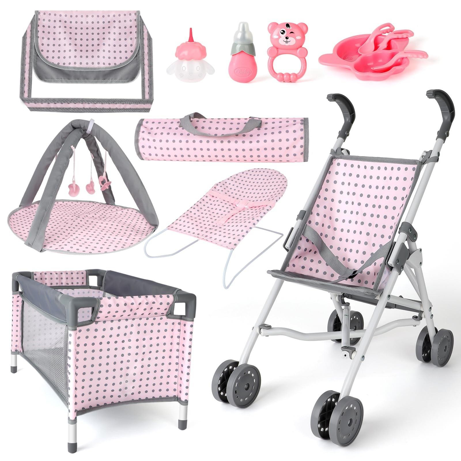Solidchoice Baby Pop met Accessoires en Vouwbare Kinderwagen voor Rollenspel