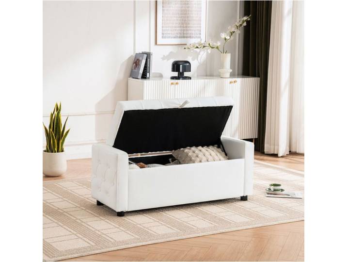 WUVRIE Banc de rangement rectangulaire en simili cuir PU blanc capitonné avec coffre 122 cm