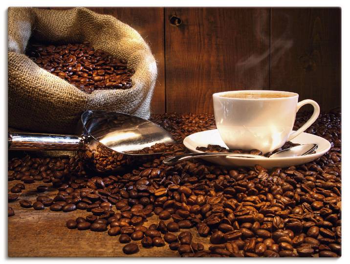 Leinwandbild ARTLAND Kaffeetasse und Leinensack auf Tisch , braun (farbe bild(er): braun), B:120cm H:90cm, Bilder, Leinwandbild, auf Holzrahmen gespannt