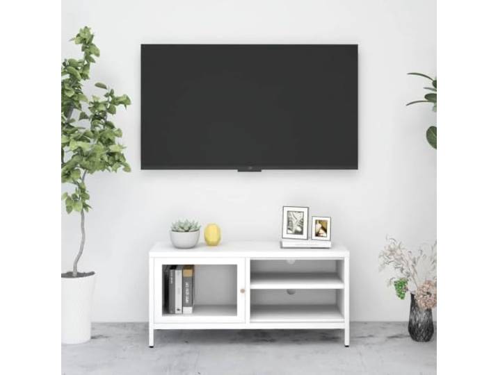HEFZGDB Fernsehschrank Weiß 90x30x44 cm Stahl und Glas mit Glastür und Einlegeböden für Stauraum, Stabiles TV-Möbel mit verstellbaren Füßen und Reinigungseinfachheit, Modernes
