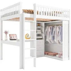 OKWISH Hochbett 140x200 mit Schreibtisch, Kleiderschrank, 3 Schubladen, integrierter Stauraum, robustes Design, Weiß