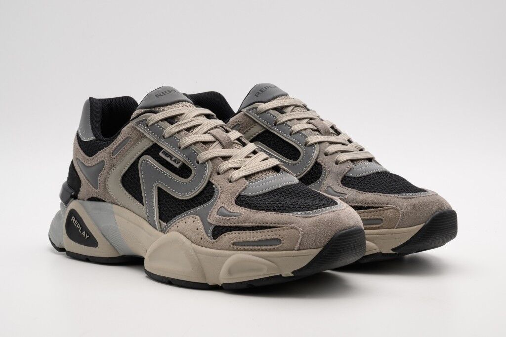 Sneaker REPLAY "DESTNY M DEEP", Herren, Gr. 44, Textil, beige (taupe, grau, schwarz), Lederimitat, Polyester, unifarben mit Farbeinsätzen, Schuhe Sneaker, Ugly Sneaker, Schürschuh, Freizeitschuh mit Plateau