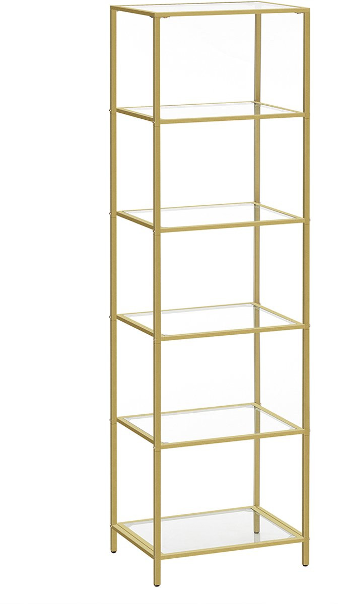 MAZAZU Boekenkast Goud - Open Vitrinekast met 6 Glazen Planken - Metaal/Glas - B: 40 cm, D: 30 cm, H: 177,3 cm